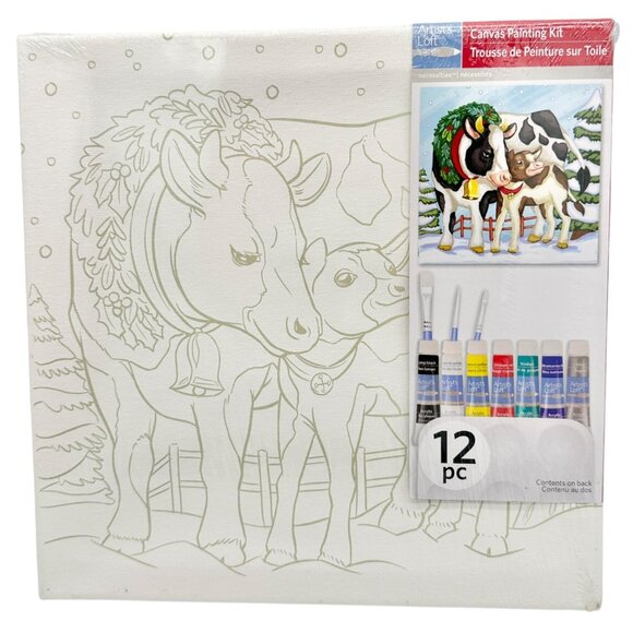 Artists Loft Canvas Painting Kit Winter Cow Theme 11 X 11 Christmas 12 pc NEW - Picture 1 of 5